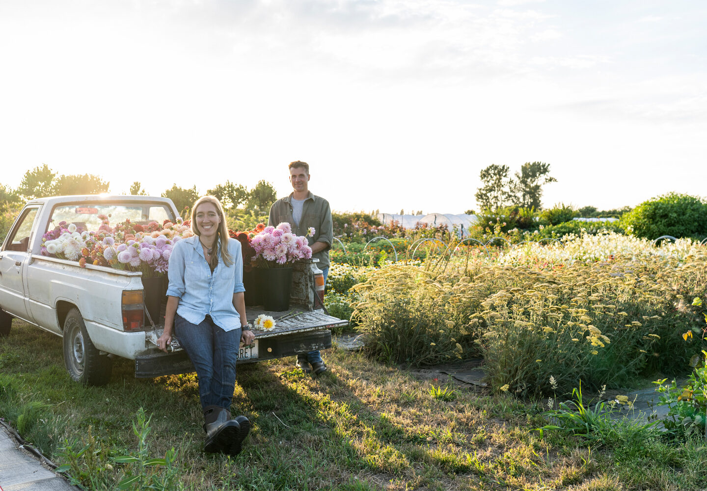 Erin and Chris Benzakein in the Floret Field at golden hour