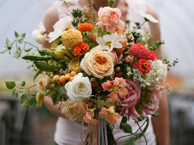 Beautiful bouquet of blush and sherbet toned roses, cosmos, and zinnias plus garden peas